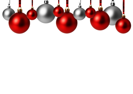 red and silver christmas balls isolated with white backgroundの写真素材