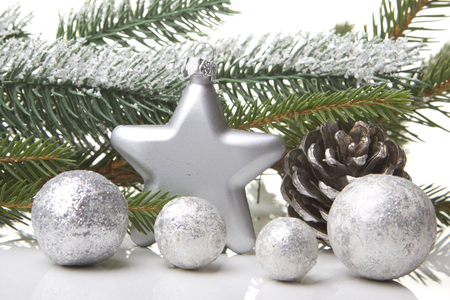 christmas, decoration with fir branch, pine cones, christmas star silverの写真素材