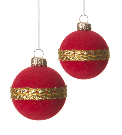 christmas, red and golden christmas balls isolated hanging with white backgroundの写真素材