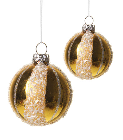christmas, golden christmas balls with white pattern isolated hanging with white backgroundの写真素材
