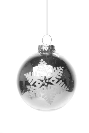 christmas, silver christmas bauble with white pattern, star isolated hanging with white backgroundの写真素材