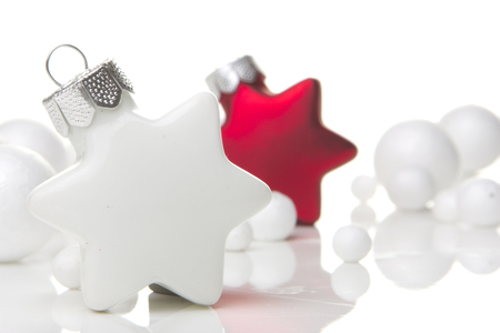christmas, decoration with  christmas bauble red and white and poinsettia の写真素材