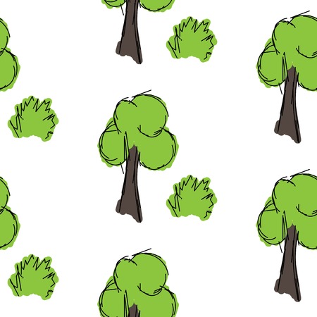 Tree and shrub hand drawn is painted on a white background, seamless patternのイラスト素材