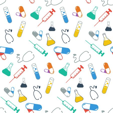 Medical seamless pattern with a syringe, stethoscope, test tube, bulb, pill. Colored. Vector.のイラスト素材