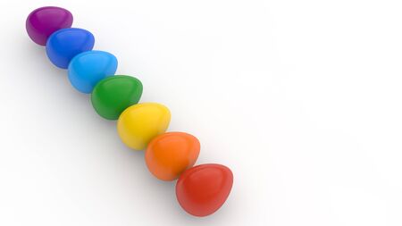 Happy easter poster, rainbow colored realistic eggs, white background, holiday card, isolated objectの写真素材