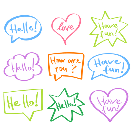 Mind cloud quote set. Different shapes. Hello, have fun, love, how are youのイラスト素材