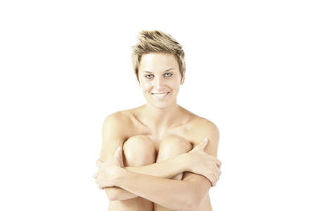 beautiful smiling blonde girl on white backgroundの写真素材