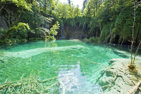 Beautiful forest waterfall in Plitvicka jezera Croatiaの写真素材