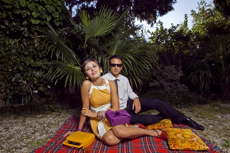 fashion portrait of retro sixties style young coupleの写真素材