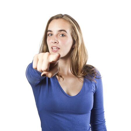 young woman pointing at you!の写真素材