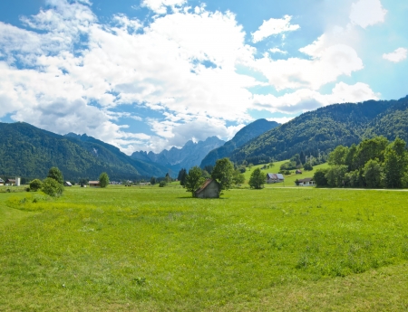 panoramic view of a mountain meadowの写真素材