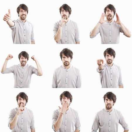 young man face expressions composite isolated on white background