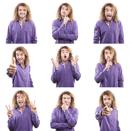 young man face expressions composite isolated on white backgroundの写真素材