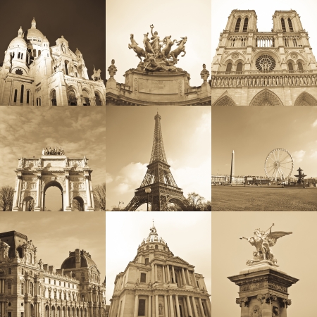 paris collage of the most famous monuments and landmarksのeditorial素材