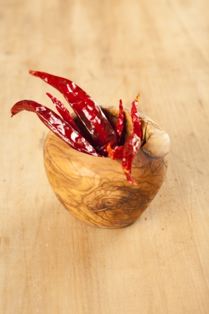 Red hot dry chili peppers on wooden backgroundの写真素材
