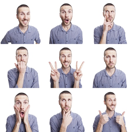 young man funny face expressions composite isolated on white backgroundの写真素材