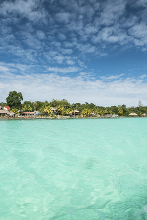 Beautiful view of caribbean lagoon Bacalar. Seven Color waterの写真素材