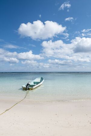 boat on a white tropical beach in the caribbean seaの写真素材