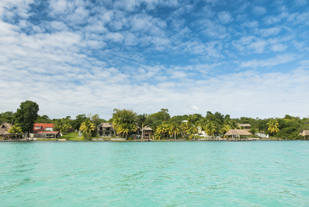 Beautiful view of caribbean lagoon Bacalar. Seven Color waterの写真素材