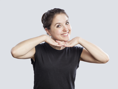 young happy woman portrait, funny face expression