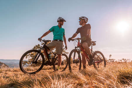 Man riding his mountain bike outdoor in natureの写真素材