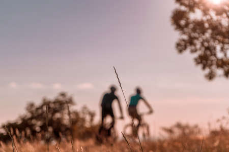 Man riding his mountain bike outdoor in natureの写真素材