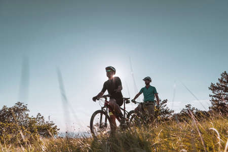 Man riding his mountain bike outdoor in natureの写真素材