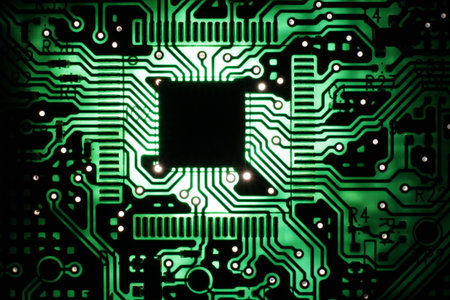 The backlit artistic photo of a green and black electrical circuit, with the black connections...