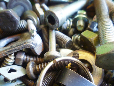 Screws, bolts, nuts and washers closeup in the garageの写真素材