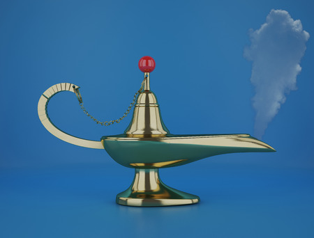 Golden Magic Aladdin Lamp 3d rendering on a blue backgroundの写真素材