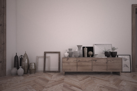 3d rendering interior of a room with wooden sideboard and furnishing accessoriesの写真素材