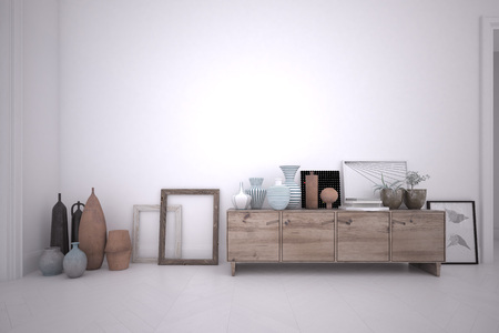 3d rendering interior of a room with wooden sideboard and furnishing accessories