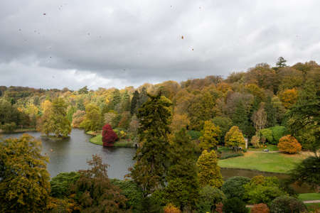 Stourton.Wiltshire.United Kingdom.October 20th 2020.High angle view of the autumn colours at Stourhead Gardensのeditorial素材