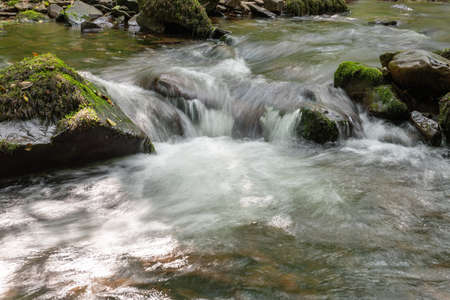 Long exposure of the Horner Water river flowing through Horner woods in Somersetの写真素材
