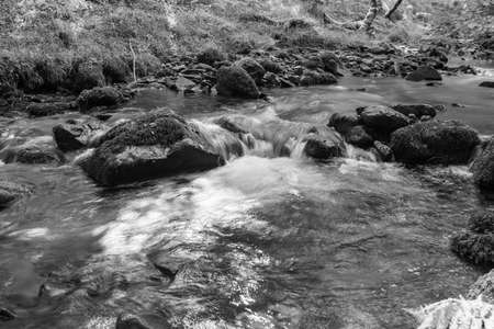 Long exposure of the Horner Water river flowing through Horner woods in Somerset