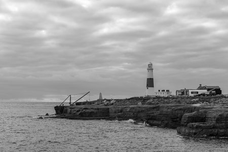 Black and white photo of Portland Bill lighthouse in Dorsetの写真素材