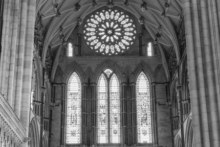 York.Yorkshire.United Kingdom.February 14th 2022.View of the Rose window in the  South Transept inside York Minster cathedral in Yorkshireのeditorial素材