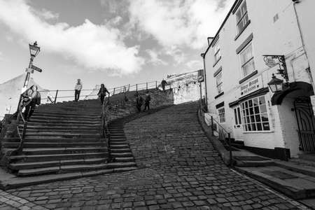 Black and white photo of the 199 steps in Whitby in North Yorkshire