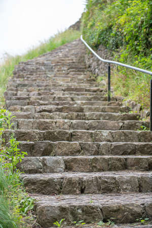 Totnes.Devon.United Kingdom.August 8th 2021.The stairway leading to the top of Totnes castle in...