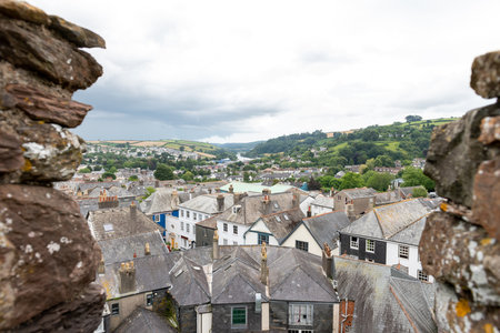 Totnes.Devon.United Kingdom.August 1st 2021.View from the top of Totnes castle of the town of Totnes...