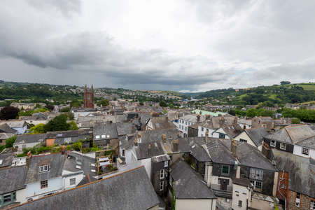 Totnes.Devon.United Kingdom.August 1st 2021.View from the top of Totnes castle of the town of Totnes in Dartmoor National Parkのeditorial素材