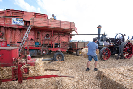 Tarrant Hinton.Dorset.United Kingdom.August 25th 2022.A 1910 Allchin traction engine called Evedon Lad is powering a vintage threshing machine at the Great Dorset Steam Fairのeditorial素材