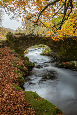 The Weir Water river flowing under Robbers Bridge in Exmoor National Park in autumn