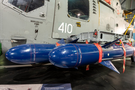 Yeovilton.Somerset.United Kingdom.October 23rd 2022.Close up of the missiles on a  Westland Lynx...