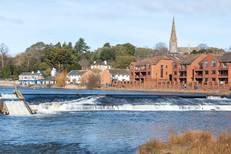 Trews weir in the river Exe in Exeterの写真素材