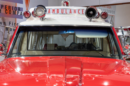 Sparkford.Somerset.United Kingdom.March 26th 2023.A Pontiac Superior ambulance from 1968 is on show...