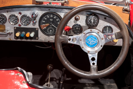 Sparkford.Somerset.United Kingdom.March 26th 2023.Close up of the dashboard on a 1934 Riley...