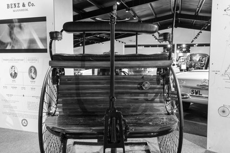 Sparkford.Somerset.United Kingdom.March 26th 2023.A Benz Patent Motorwagen thought to be the worlds first automobile is on show at the Haynes Motor Museum in Somersetのeditorial素材