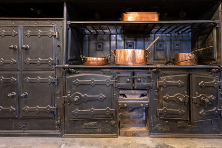 Kenton.Devon.United Kingdom.February 17th 2023.Photo of the stove in the  kitchen inside Powderham castle in Devonのeditorial素材