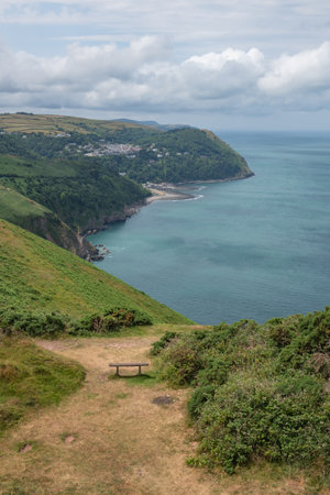 View from Countisbury Hill of Lynton and Lynmouth in Devonの写真素材